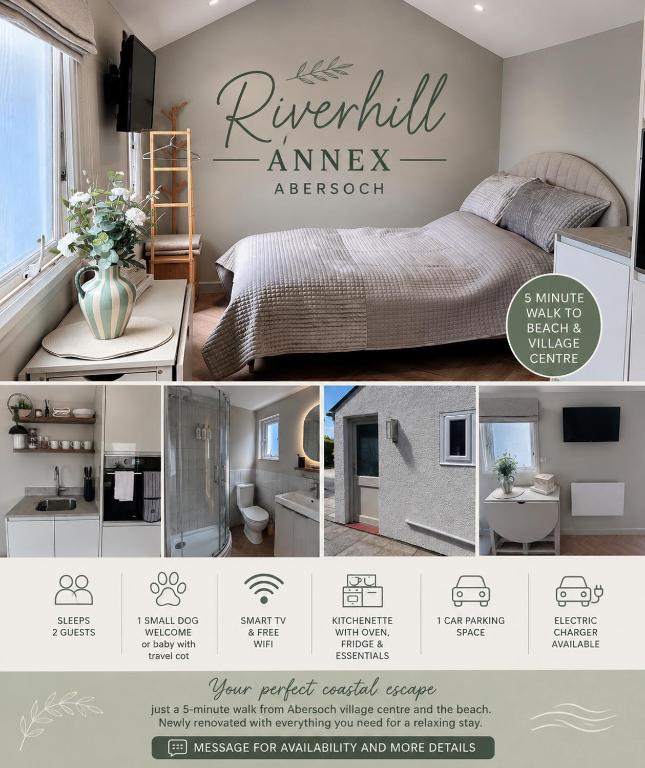a collage of pictures of a bedroom with a bed at Riverhill in Abersoch