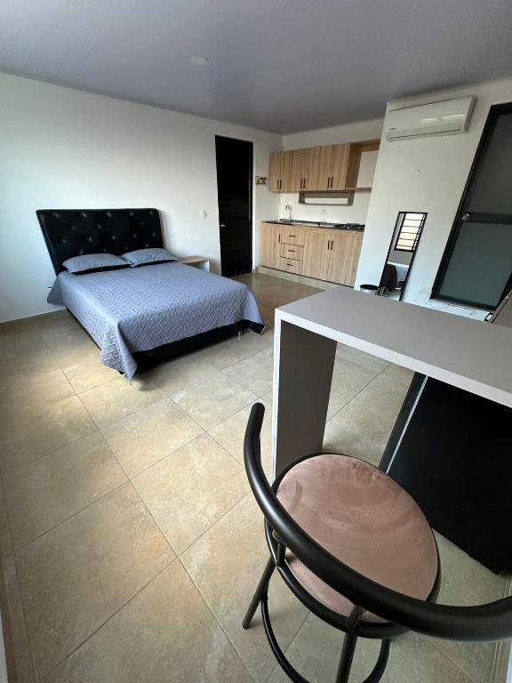 a bedroom with a bed and a desk with a chair at Hotel Central Park Cartago in Cartago