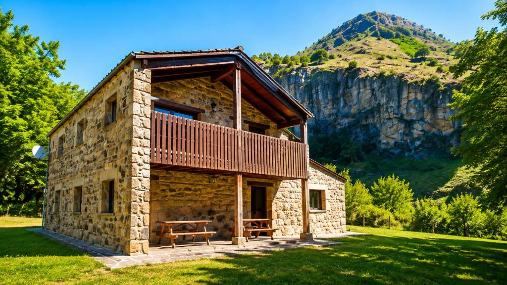 a stone house with a balcony on a grass field at Las Hayucas in San Roque de Ríomiera