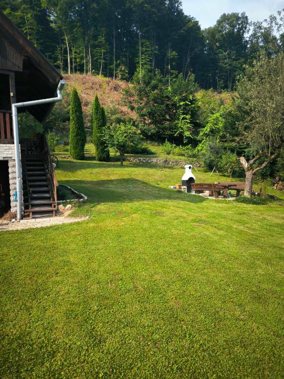 a green yard with a house and a picnic table at Chata Sandra in Revúca