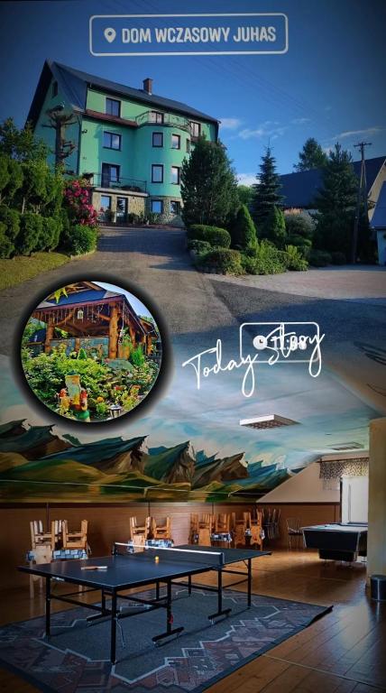a collage of photos of a restaurant with a mural at Juhas in Zwardoń