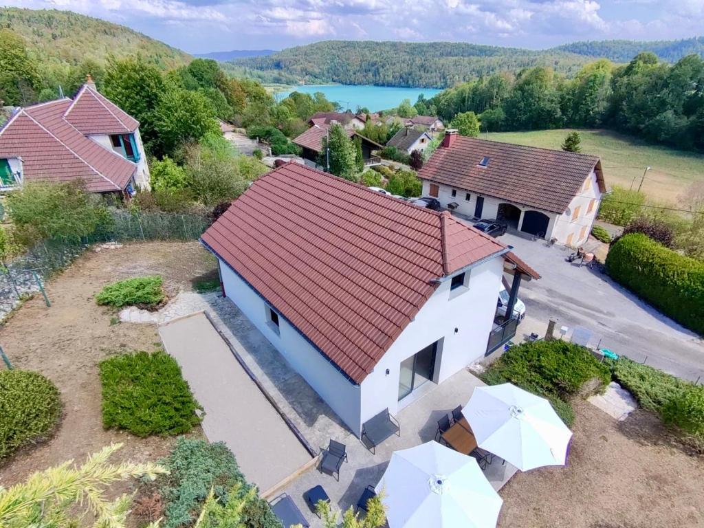 an aerial view of a house with a red roof at Le Balcon de Narlay in Le Frasnois