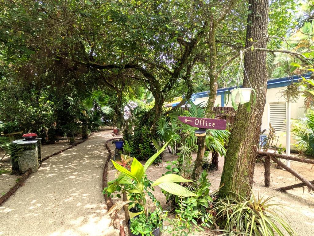 a street sign in front of a tree at Simberts Apartments in Maya Beach