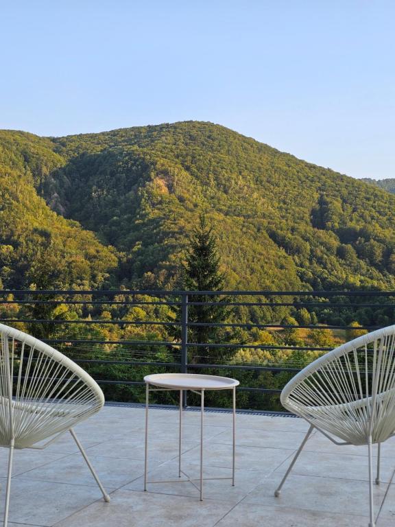 two chairs and a table in front of a mountain at FurtuNest in Roşcoiu