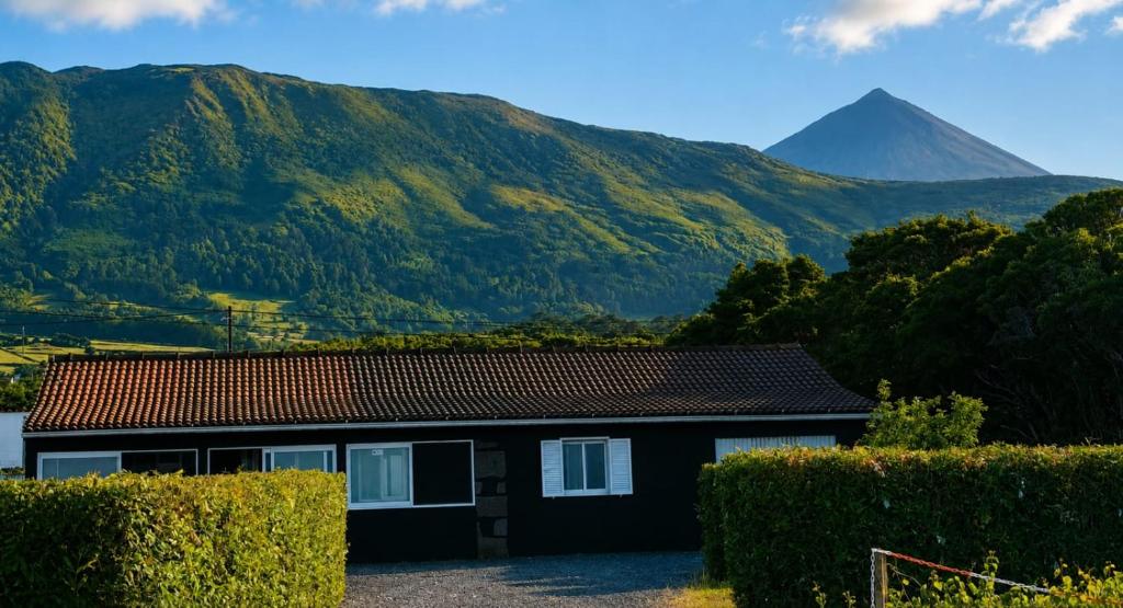 a house with a mountain in the background at Adega do Carlos Pinheiro in São Roque do Pico