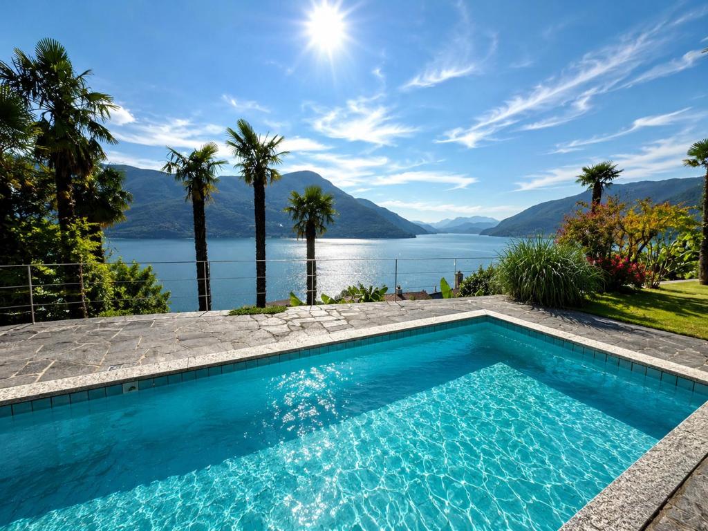 a swimming pool with a view of the water and mountains at Casa Panorama in Brissago