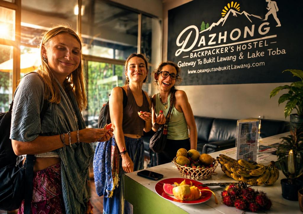 three women standing next to a table with fruit at Medan Dazhong Backpacker's Hostel in Medan