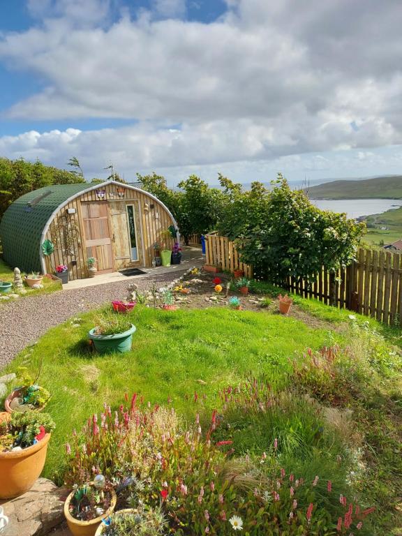 a garden with a wooden greenhouse and some flowers at Butterfly PODika in Lerwick