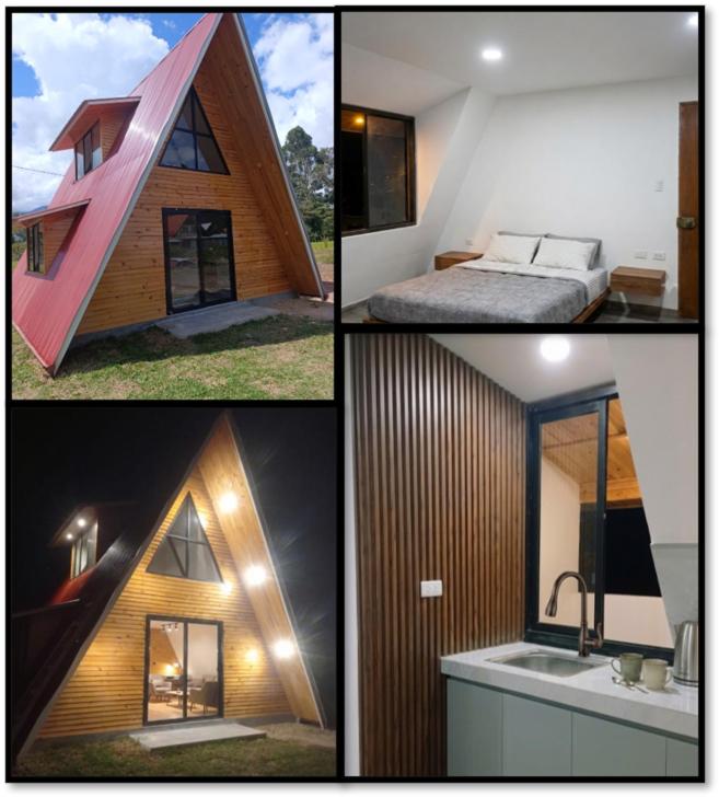 a group of four pictures of a small house at Cabañas Cavanilla in Oxapampa