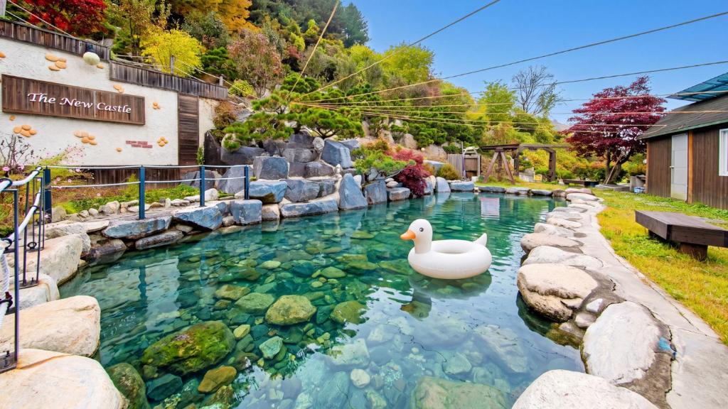 a pool in a backyard with a swan in the water at gapyeong newcastle pension in Gapyeong