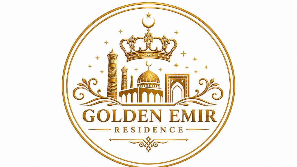 a golden emirate logo with a crown and mosque at Golden Emir Residence in Bukhara