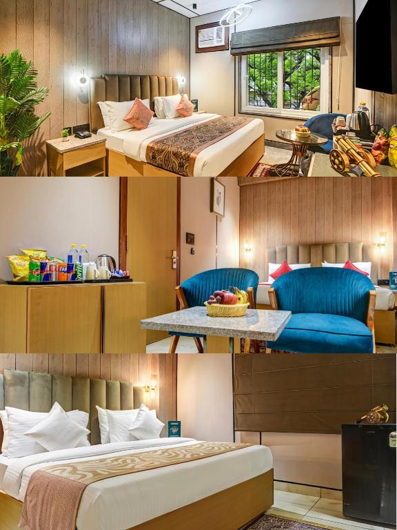 a collage of four pictures of a hotel room at J Residency with Free Pickup from Nizamudin Railway Station 12 PM TO 6 PM in New Delhi
