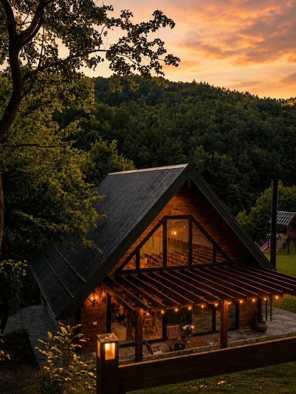 a log cabin with a black roof and lights at Alpas forest house in Kuršumlija