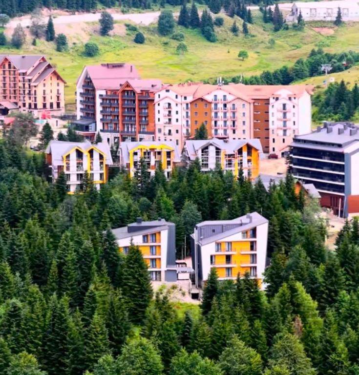 a group of buildings on a hill with trees at Gоderdzi Twins Hotel in Goderdzi