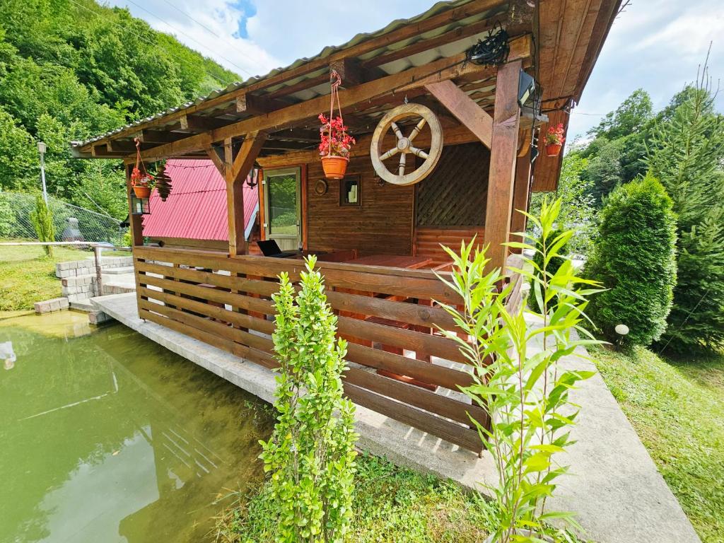 a small house with a pond in front of it at Căsuța Elena Refugiu în Natură in Buceş