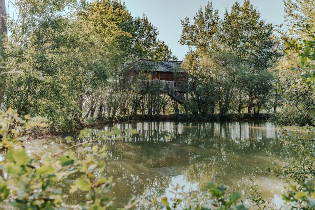 a house in the woods next to a lake at cabanes perchees dans les arbres in Capdrot