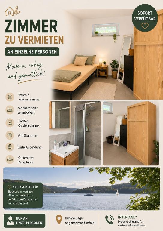 a collage of pictures of a room with a bed and a bathroom at Modernes Gästezimmer am Biggese in Attendorn