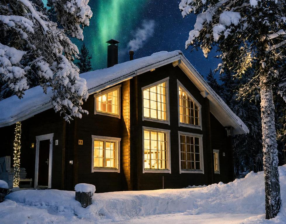 a house with the aurora in the sky at Northern Lights Lodge in Kittilä