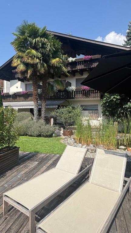 two white benches on a deck with a palm tree at Pension Hauenstein in Lagundo