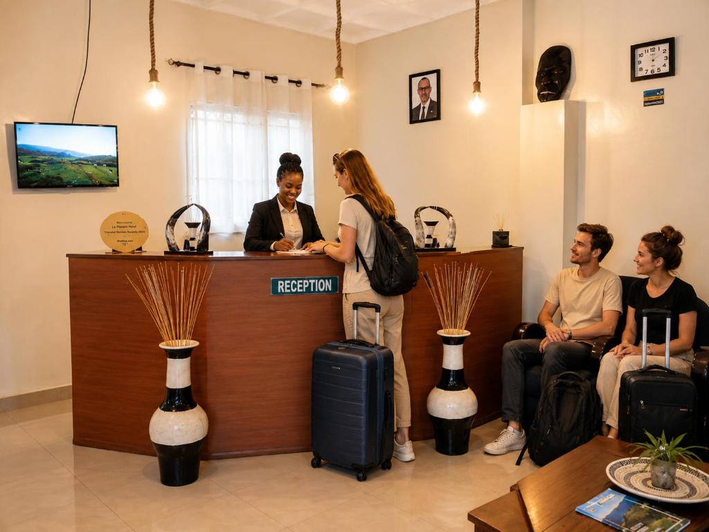a group of people sitting at a reception desk at La Planete Hotel in Rubavu