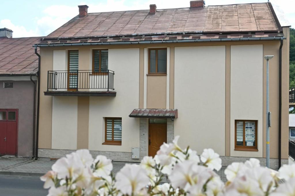 a house with white flowers in front of it at Ustrzycki Zakątek in Ustrzyki Dolne