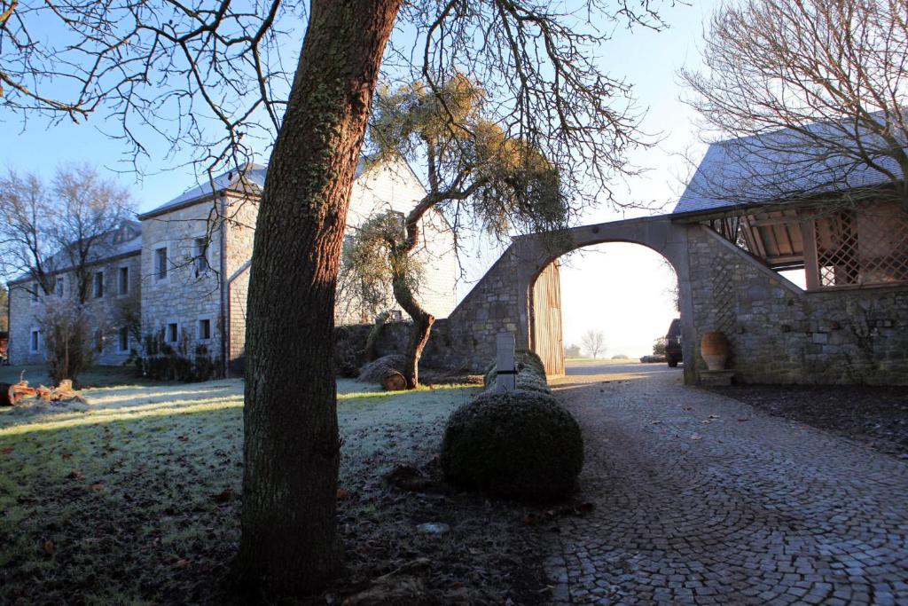 Una gran roca sentada junto a un árbol en un patio en Le Durbuy Lodge en Durbuy