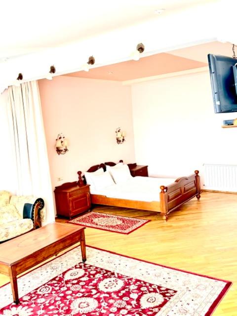ein Schlafzimmer mit einem Bett, einer Couch und einem Fernseher in der Unterkunft Okolytsya in Riwne