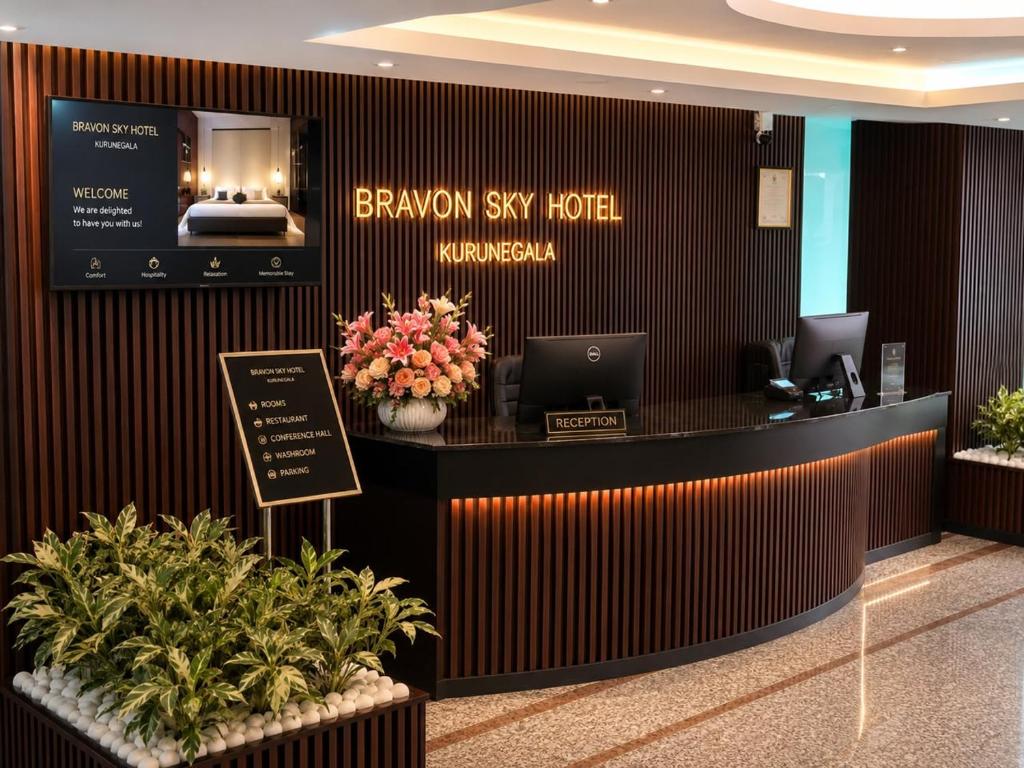 a hotel lobby with a reception desk with a laptop at Bravon Sky Hotel in Kurunegala