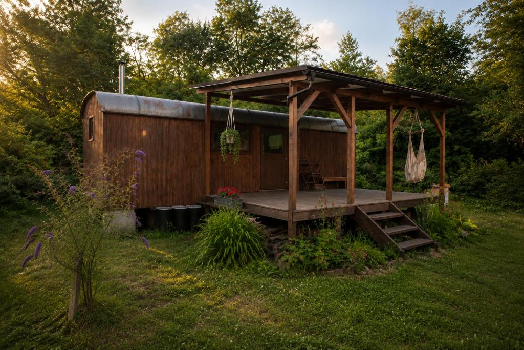 an old shed with a porch in a garden at Maringotka MIMO in Uhelná
