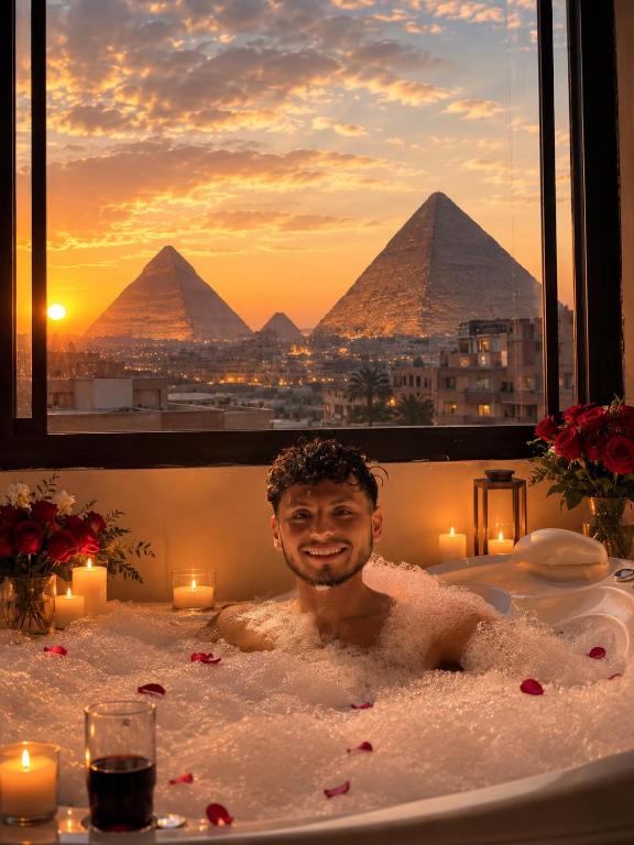 a man in a bath tub with pyramids in the background at panorama pyramids and jacuzzi in Giza