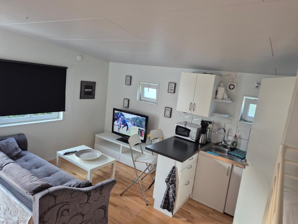 a kitchen and living room with a couch and a tv at Den fräscha lägenheten in Ängelholm