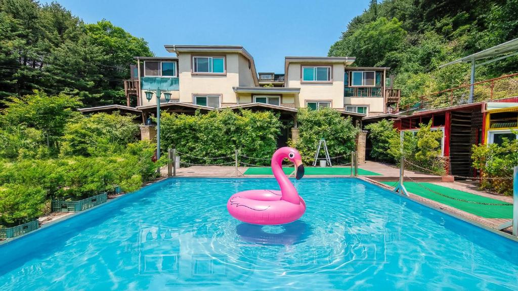 a pink swan in a pool in front of a house at Gapyeong Swimteo Pet Pension in Gapyeong