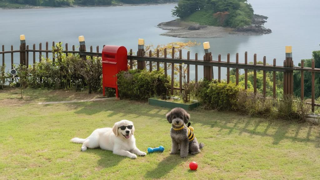 two dogs laying on the grass next to a fence at Yeosu Greenhouse Pension in Yeosu