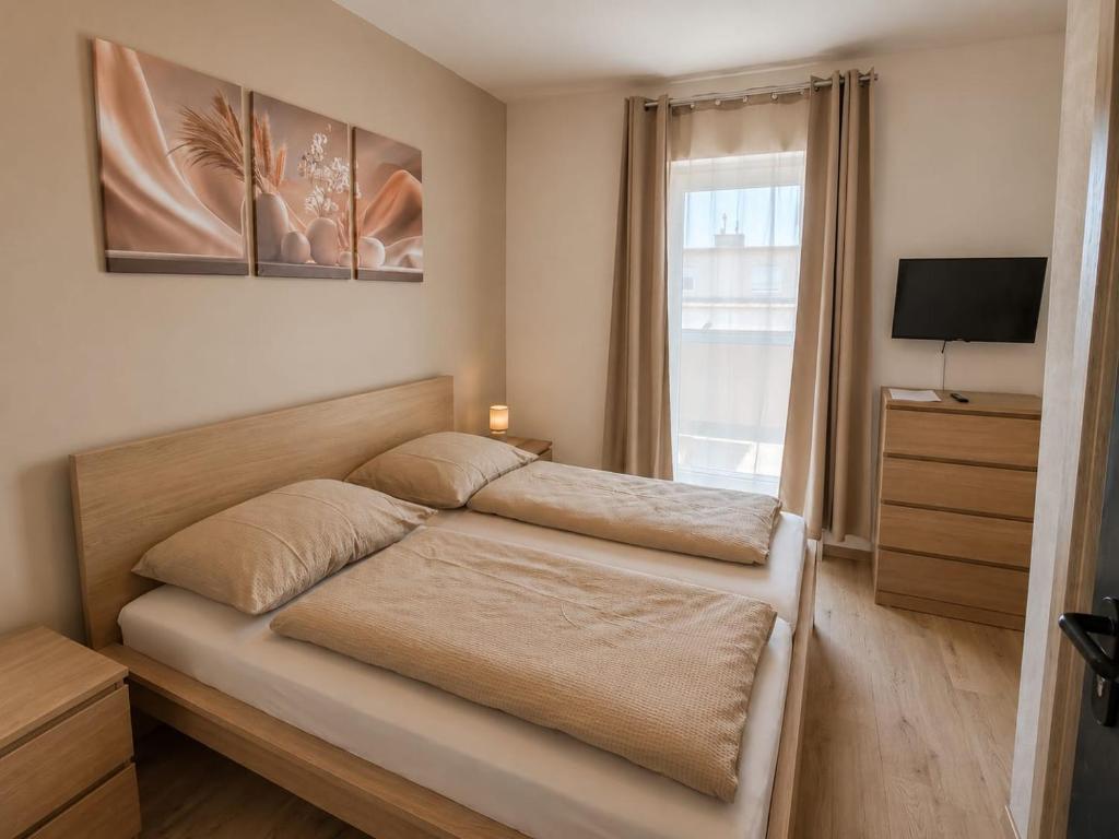 a bedroom with a bed and a tv and a window at MarchfeldStay in Gänserndorf