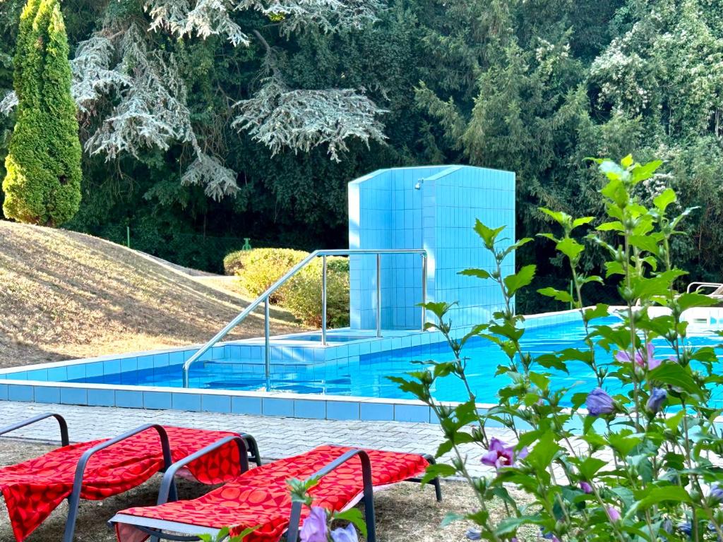 a pool with a table and chairs and trees at Vita Apartmanok in Hévíz