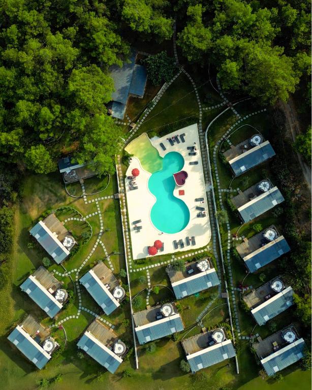 an overhead view of a parking lot with a resort at Mossa Afkule Kayaköy in Fethiye