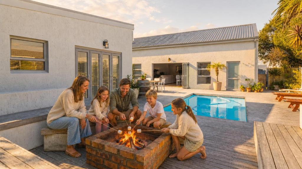 a family sitting around a fire pit in front of a house at Robin Retreat - Luxury 3 Bedroom Villa -Hermanus in Hermanus