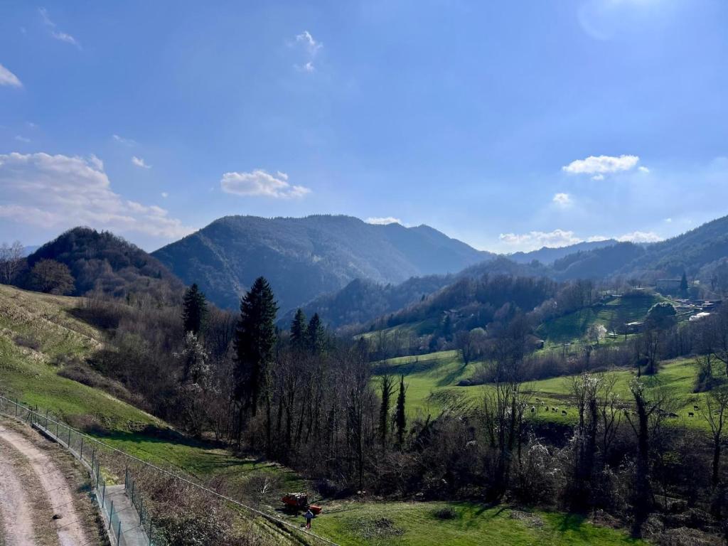 a dirt road in a field with mountains in the background at Appartamento Orchidea in Lepreno