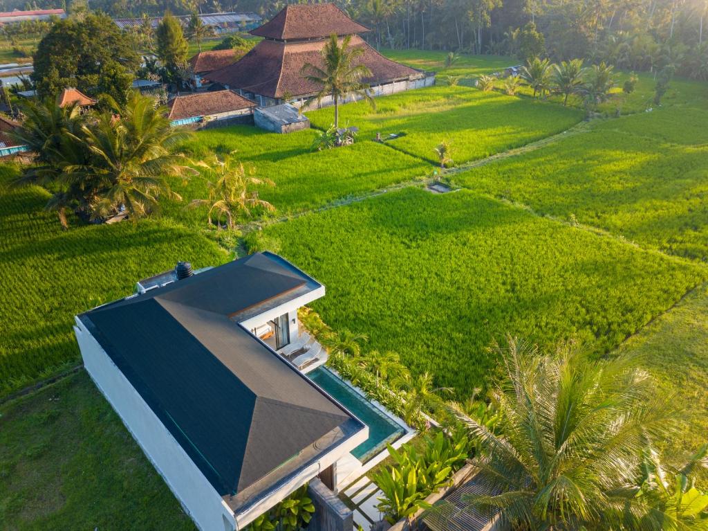 an aerial view of a villa with a pool and a field at Casa Ariana in Ubud