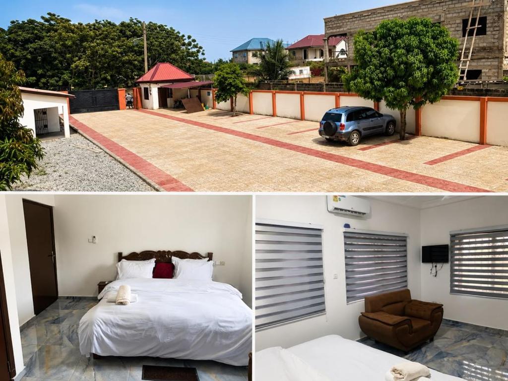two pictures of a bedroom with a bed and a car at Tranquility Lodge in Abrekuma