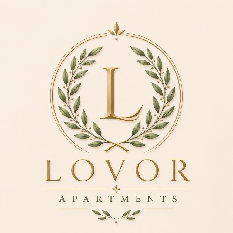 a gold laurel wreath logo on a white background at Lovor apartmani in Zelenika
