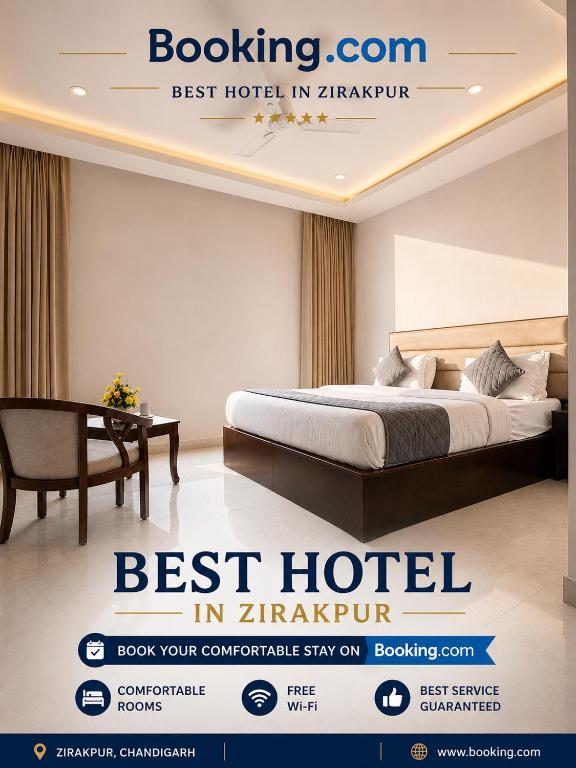 a poster of a hotel room with a bed and a desk at Hotel Near North View Park Zirakpur!! Best Budget Stay !!Free Parking!!Ambala Highway Chandigarh in Zirakpur
