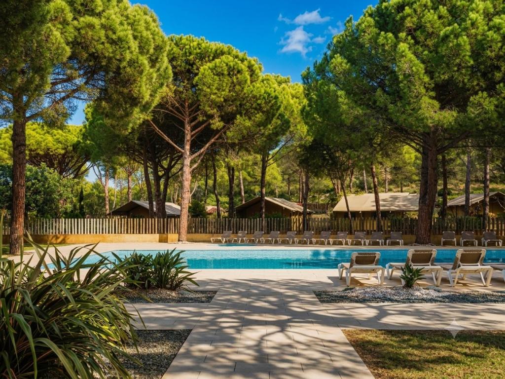 a swimming pool with two chairs and trees at wecamp L'Escala Punta Milà in L'Escala