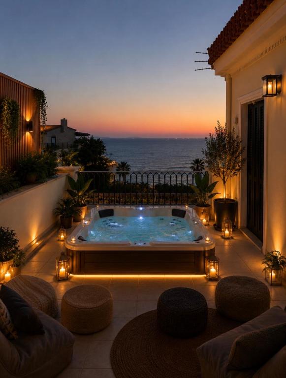 a hot tub on a patio with a view of the ocean at BeachBox in Piraeus