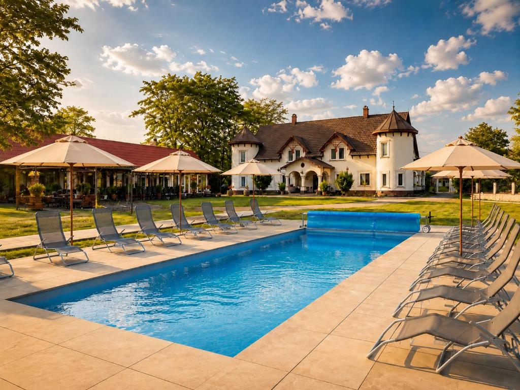 a pool with chairs and umbrellas in front of a house at Tölgyeserdő Birtok Kaba Szállás és rendezvény in Kaba