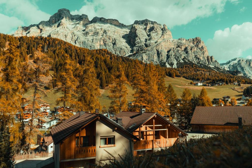 a house in front of a mountain at Planat in San Cassiano