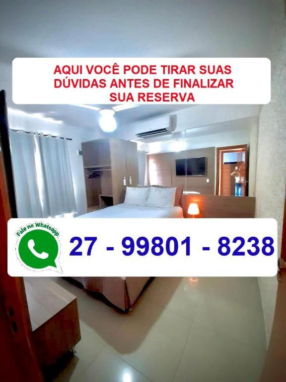 a poster for a hotel room with a bed in a room at MELHOR ESCOLHA - 90 metros da Beira Mar - 2 Quartos com AR CONDICIONADOS SPLIT, Air Fryer, Wi-Fi, Disney Plus, Star Plus, HBO Max, Cadeiras de Praia, Caixa Térmica - 7 pessoas - Perto de tudo! in Guarapari