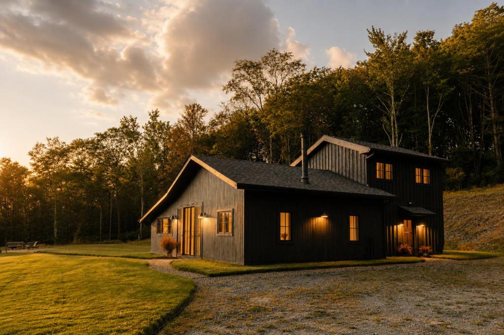 a house with lights on in the sunset at Onyx Ridge Breathtaking Views 14 Acres in Jeffersonville