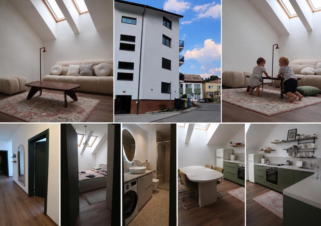 a collage of photos of a living room and a child in a house at Oravelle Loft Kubin in Dolný Kubín