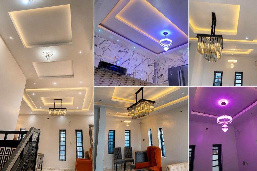 a collage of photos of a room with purple lighting at Seychelles Bella House in Mahe
